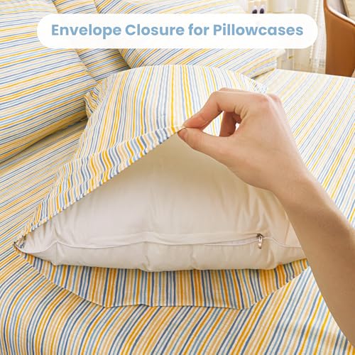 Image of Mooreeke Striped Full Bed Sheets, Deep Pocket 4 Piece Full Sheet Set, Soft Microfiber Blue Yellow Pinstripe Bedding Sheets & Pillowcases