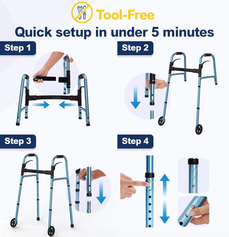 Walkers for Seniors, Folding Walker with Wheels and 2 Skis, Lightweight Rolling Walker Supports Up to 350 Pounds, Adjustable Height, Adult Compact Standard Walkers with Aluminum Frame, Blue