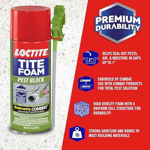 Image of Loctite Pest block PU foam|Premium durability, High density insulating foam, UV resistant, Seals air,pests & moisture in gaps up to 1 inch|Ideal for kitchen cuboards, Plumbing & wiring, 340g*pack of 1