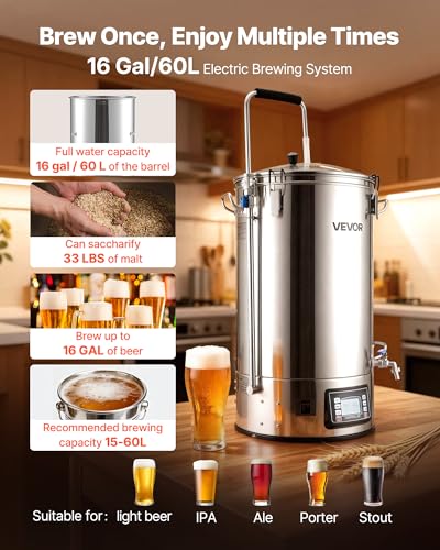 Image of VEVOR Beer Brewing Equipment, 16 Gal /60L Beer Maker with Anti-Burn Pump and Wort Chiller,3000W All-in-One Home Brewing Kit with Digital Control, Recipe Memory & Timer, Removable mesh strainer