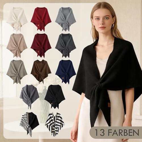 Ladiery Dreieckstuch Damen mit Verschluss - Weicher Schulter-Schal mit Kaschmir-Feeling, Strick-Poncho für Abendkleider, Büro & Reise, 180x129cm (Schwarz)