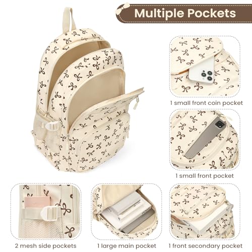 Image of Coquette Bow Backpack - Cute Kawaii Backpack Set Aesthetic Daypack Bow Rucksack (A05 Bow Beige)