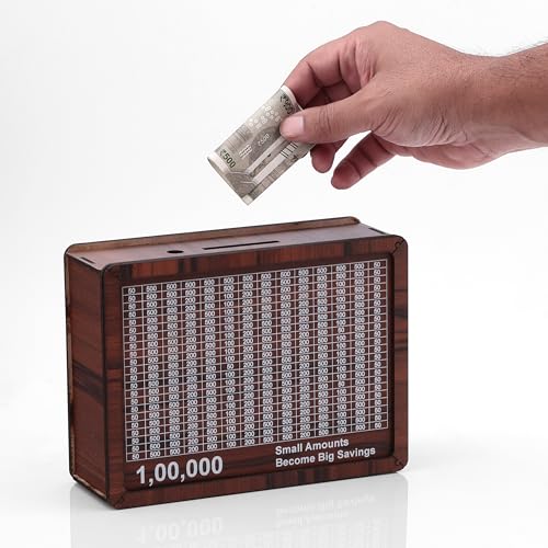 Image of Wooden Money Box with Savings Tracker | 1 Lakh Goal Piggy Bank for Kids & Adults | Cash Collection Bank with Savings Chart | 100000 Gullak for Financial Savings Habit (Money-Box-3)