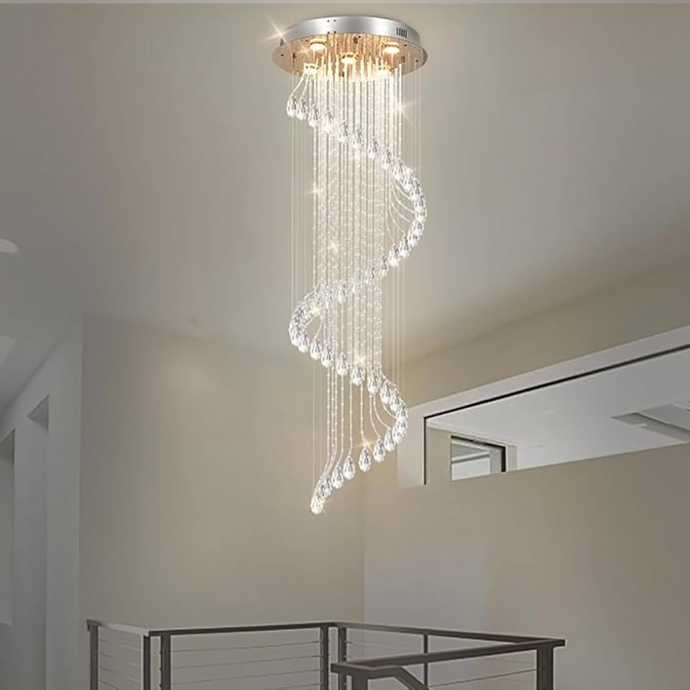 PCXEHUYP K9 Crystal Staircase,Raindrop Long Chandelier High Ceiling,Creative Hanging Lamp Adjustable Height,Crystal Ceiling Light Fixture for Villa,Foyer,Entrence,