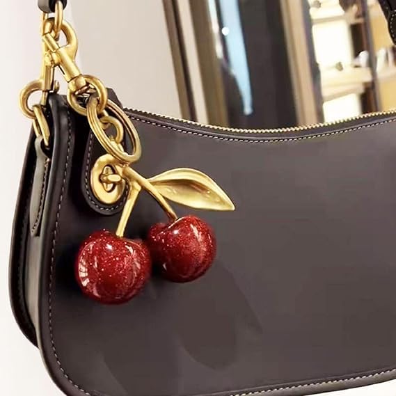 Image of Dazzliq Metal Glitter Cherry Bag Charm With Key Ring Bag Charms For Handbags Cherry Keychain Unique Key Chains For Women Key Ring For Girls Cherry Charms For Bags Car Accessories, Red