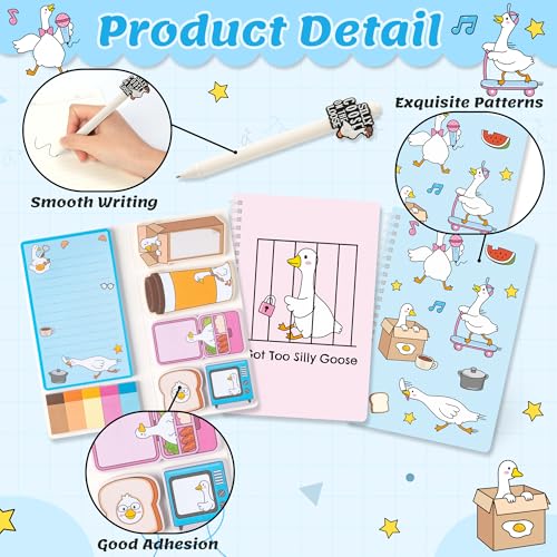 B1ykin Teacher Appreciate Stationery Gift Set - 3Pcs Got Too Silly Goose A5 Spiral Notebook & 550 Sheets Sticky Notes with Pen, Back to School Gift with Box for School Students Office (Funny Goose) - Image 3