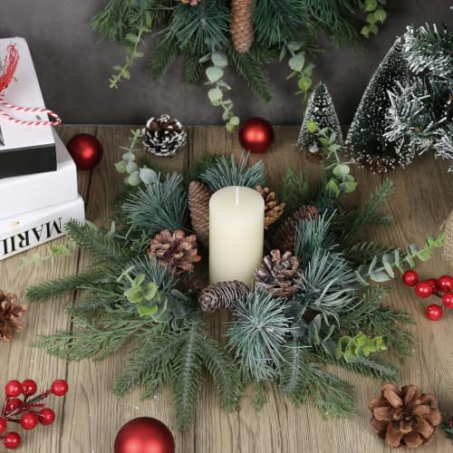 Image of 4 PCS Christmas Candle Rings Wreaths Norfolk Snowy Pine Needles Garland Pinecones Wreaths Artificial Cedar Candle Rings Holder for Christmas Wedding Home Table Centerpiece Door Window Chair Wall