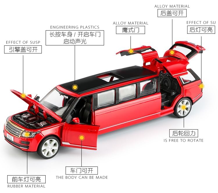 Image of New 1:32 Long Rang Rover Diecast Alloy Metal Pull Back Car with Openable Doors Music Sound and Light Vehicle Toy Car for Kids Boys (Red)