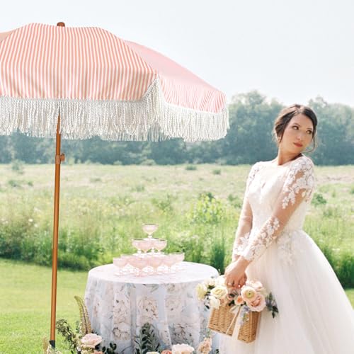Image of AMMSUN 7ft Patio Umbrella with Fringe Outdoor Tassel Umbrella UPF50+ Premium Steel Pole and Ribs Push Button Tilt, Pink Stripe