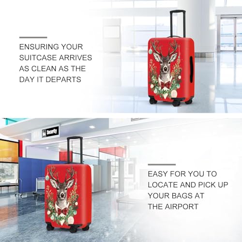 Image of Reindeer Luggage Cover - Red Background with Wreath and Ornaments, Elegant Holiday Suitcase Protector for 28 30 Inch Travel