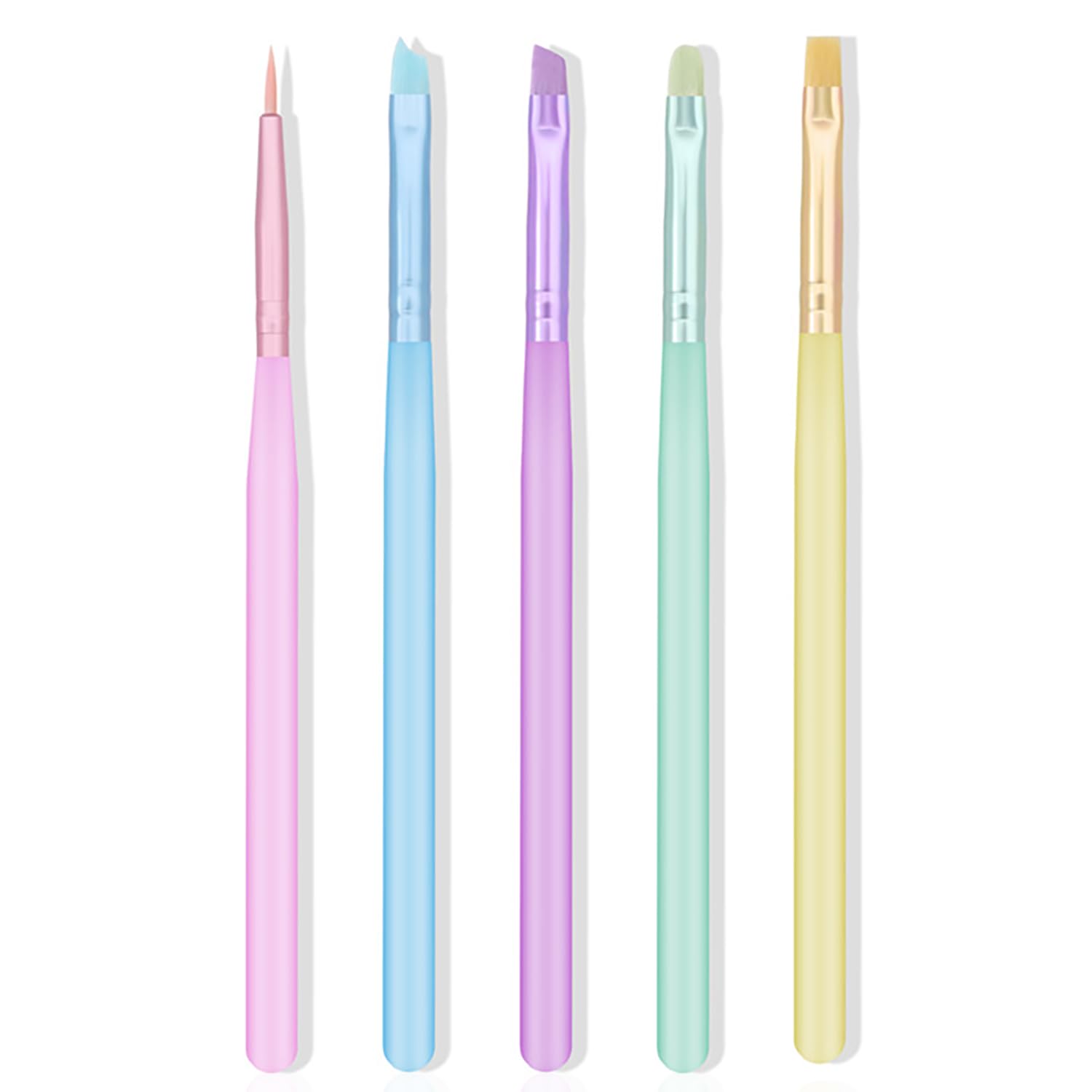 WOKOTO 5 Pcs Candy Color Acrylic Nail Brushes Set - Liner, Round, Flat, Moon, Bevel-tipped - Multiple Colors - Alloy Acrylic Handle - Nail Art Brushes