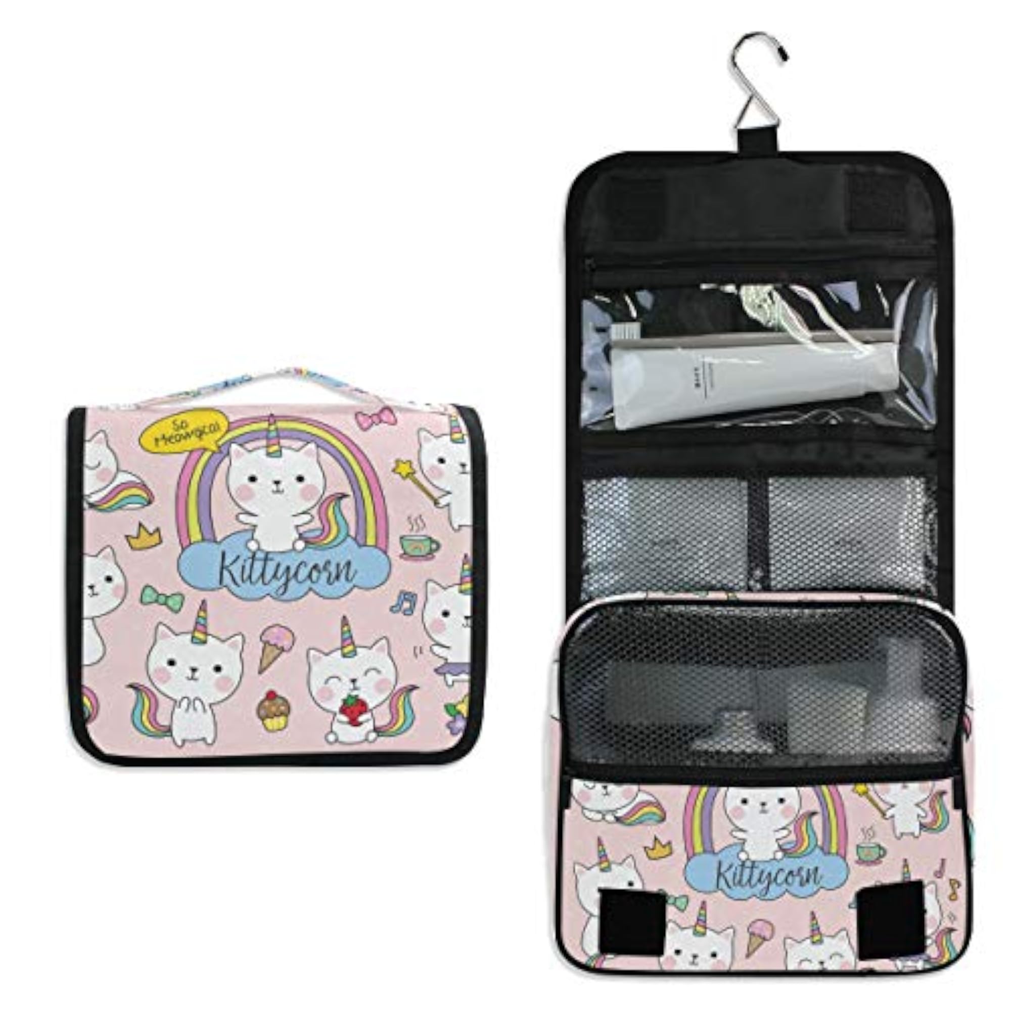 Hanging Travel Toiletry Bag Kit, Unicorn Cat Design