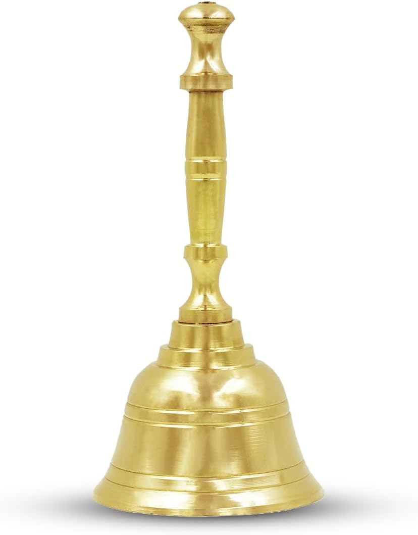 Solid Brass Ghanti for Pooja | 3.7" Puja Bell for Temple | Hand Held Bell for Events Decoration, Food Line, Alarm, Jingles, Ringing and Service Bell (Medium)