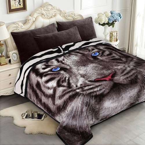 Image of JYK Soft Fleece Bed Blanket Queen Size 5 LB, Korean Style 2 Ply Reversible Fluffy Flannel Blanket Microfiber, Warm Cozy Blanket for Autumn, Winter 75x87 Inches - Black White Tiger /Tiger Stripes