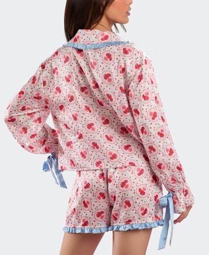 Image of Yiulangde Valentines Heart Bow Pajamas for Women Silk Satin Ruffle Shorts Pjs Tie Front Long Sleeve Shirts Pajamas with Bows