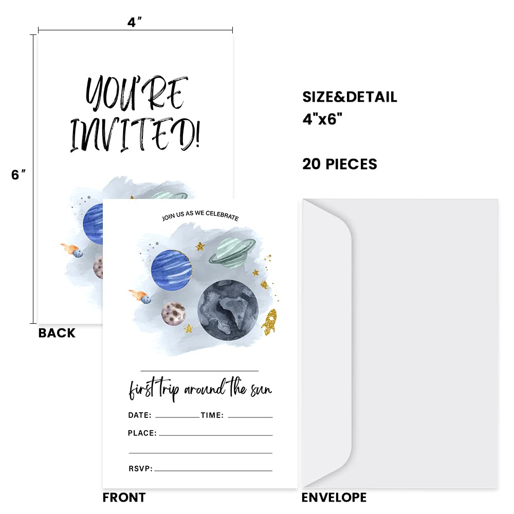 Tuyashua Outer Space First Birthday Party Invitations, First Trip Around The Sun Invitations, Outer Space Party Supplies for Boys Girls, Birthday Party Decorations, 20 Cards with Envelopes - I19