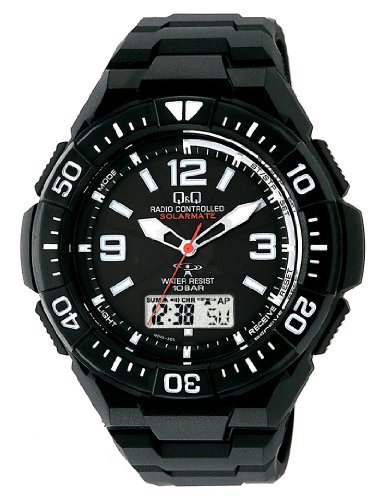 Image of Citizen Q&Q Analog Wristwatch, Radio Wave, Solar, Waterproof, Date, Urethane Strap, Black, メンズ向ユニセックスサイズ(手首の細い女性の方にはかなり大き目です), watch