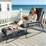 OVLRIJP Loungesessel Outdoor, Balkonsessel Liegestuhl Gartenliege, Relaxsessel Garten mit Hocker, Auflage Abnehmbar, 5-Positionen Liegefunktion, Relaxliege für Garten, Terrasse, Balkon, Grau