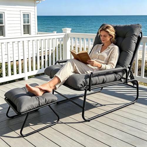 OVLRIJP Loungesessel Outdoor Balkonsessel Liegestuhl Gartenliege Relaxsessel Garten mit Hocker Auflage Abnehmbar 5-Positionen Liegefunktion Relaxliege für Garten Terrasse Balkon Grau
