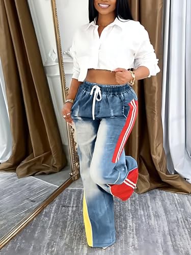 Angsuttc Baggy Wide Leg Jeans for Women Color Block Patchwork Denim Pants with Drawstring Elastic Waist2