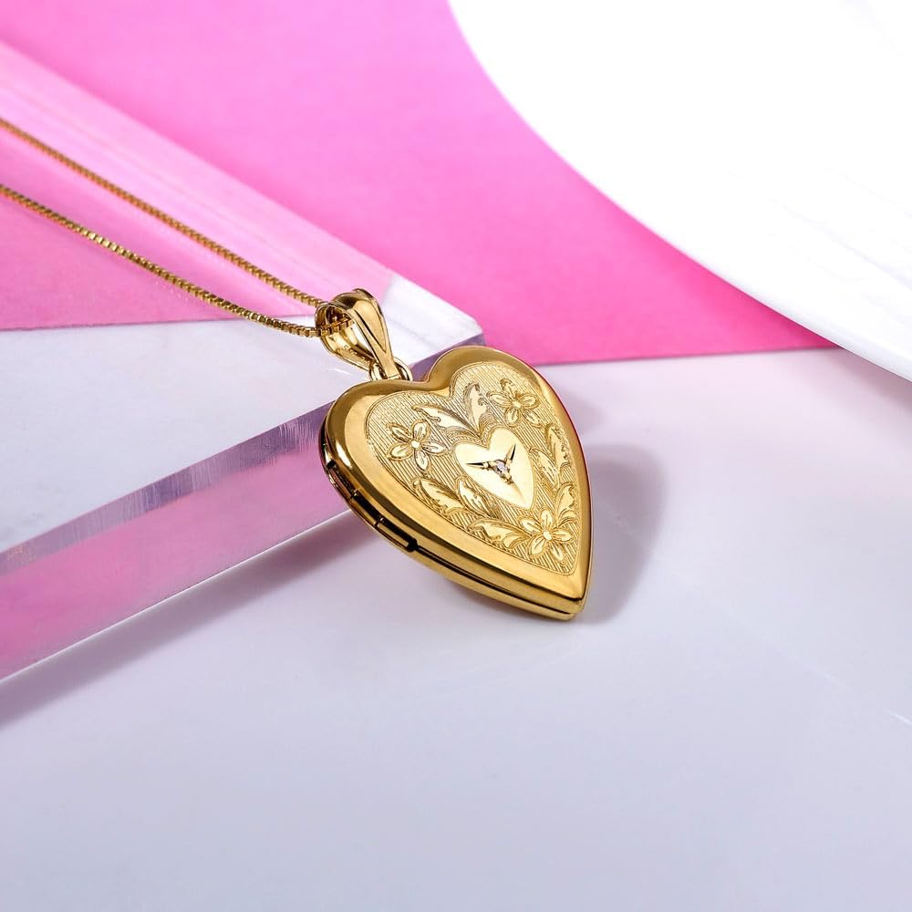 PicturesOnGold.com 14K Gold Filled Floral Heart Photo Locket with Diamond - 3/4 inch x 3/4 inch - Includes 18 inch Chain - Image 7