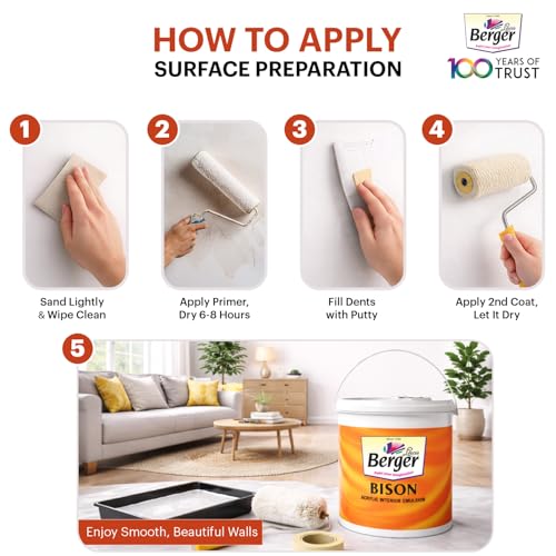 Image of BERGER Bison Interior Emulsion Paint for Walls and Ceilings with Anti-Fading Properties Acrylic Based Washable & Durable Rich Smooth Matt Finish (4Ltr, White)