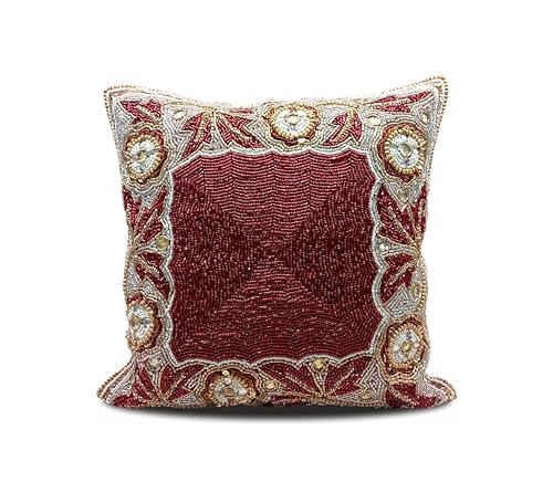 Linen Clubs Beaded Throw Pillow Cover/Euro Sham/Cushion Sham, Super Luxury Soft Pillow Cases-square design 14x14 Red Gold Multi