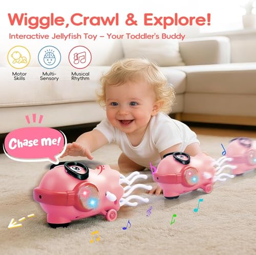 Image of TASMAX Dancing Jellyfish Toy for Kids, Dancing Toy, Jelly Fish Toy, Moving Toys for Babies 6-12 Months, Musical Toy with Lights, Crawling Toy, Sensory 360 Degree Rotating Tentacles Multicolor