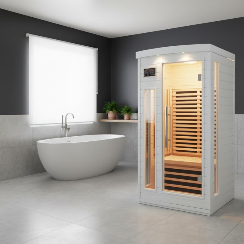 SNÖ Sauna Infrarouge 1 Place 1500W Hemlock Blanc | Chromothérapie 7 Couleurs & Système Audio Bluetooth | Porte et Fenêtres en Verre Sécurisé | Panneaux Carbone, Ionisateur d'air