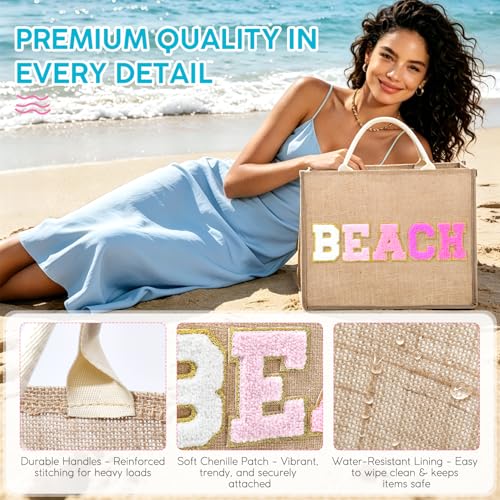 Bolso playero grande para mujer de paja tejida con parches de chenilla miniatura 6