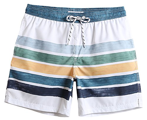 MaaMgic Mens Quick Dry Striped Swim Trunks With Mesh Lining Swimwear Bathing Suits, White, Medium(Waist-30"-32")