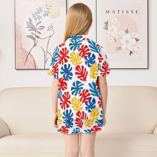 Monstera Leaf Cartoon Prints Summer Satin Pajama Set, Cute Button-Down Sleepwear Pj Set for Sleep Wears4