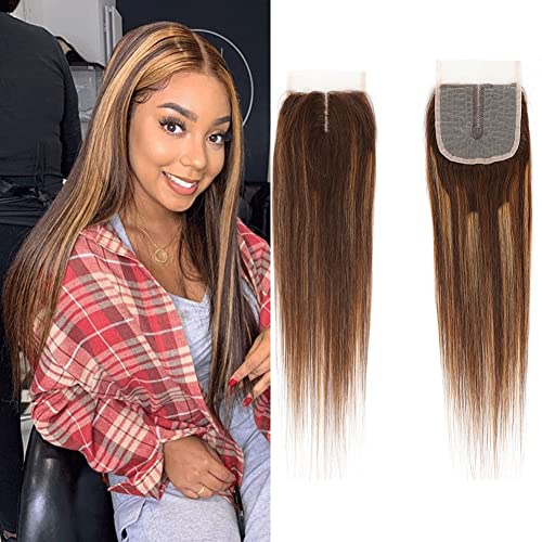 daji hair Machine Made Ombre Human Hair Lace Closure 4X4 T-Part Middle Part 130 Density Two Tone Straight Wave P4/27 Highlight Brown Mixed Blonde Wet And Wavy 18 Inch