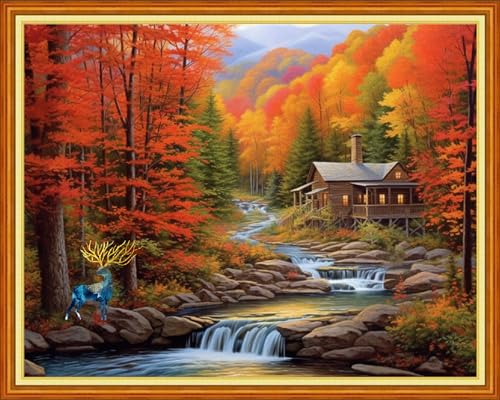 Image of Dimensean Stamped Cross Stitch Kits Full Range of Embroidery Patterns Starter Kits for Beginners Adult DIY Cross Stitches Needlepoint Kits 11CT-Autumn Creek 16x20 inch