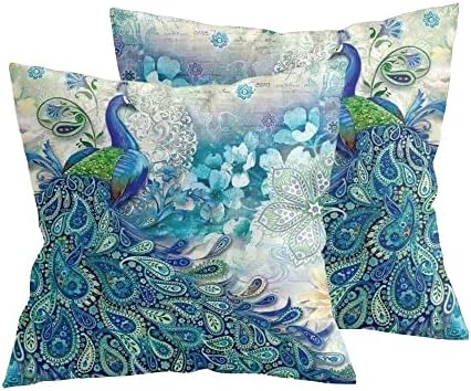 Teal Peacock Throw Pillow Covers Set of 2, Watercolor Blue Teal Vintage Turquoise Peacock Gifts Microfiber Fabric Decoration Pillowcases Home Sofa Couch Bed Decor Square 18x18 Inches Pillow Cases