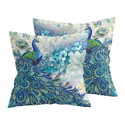 Teal Peacock Throw Pillow Covers Set of 2, Watercolor Blue Teal Vintage Peacock Microfiber Fabric Decoration Pillowcases Home Sofa Couch Bed Decor Square 18x18 Inches Pillow Cases Cover
