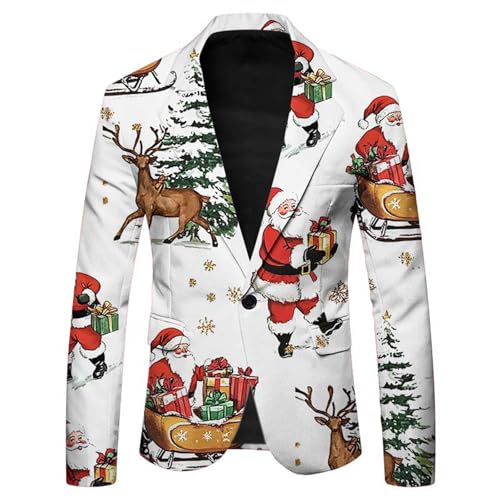 Men's One Button Suit Jacket Santa Clause Christmas Tree Reindeer Printed Blazers Slim Fit Lightweight Sport Coats