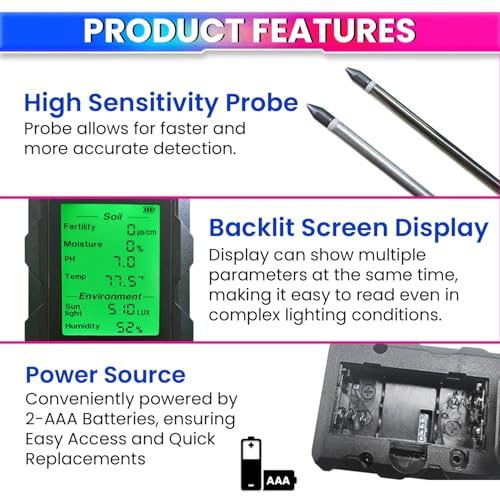 Image of 6-in-1 Soil Tester Meter with Dual 180mm Probes | pH Moisture Fertility Temperature Sunlight Analyzer for Garden & Indoor Plants