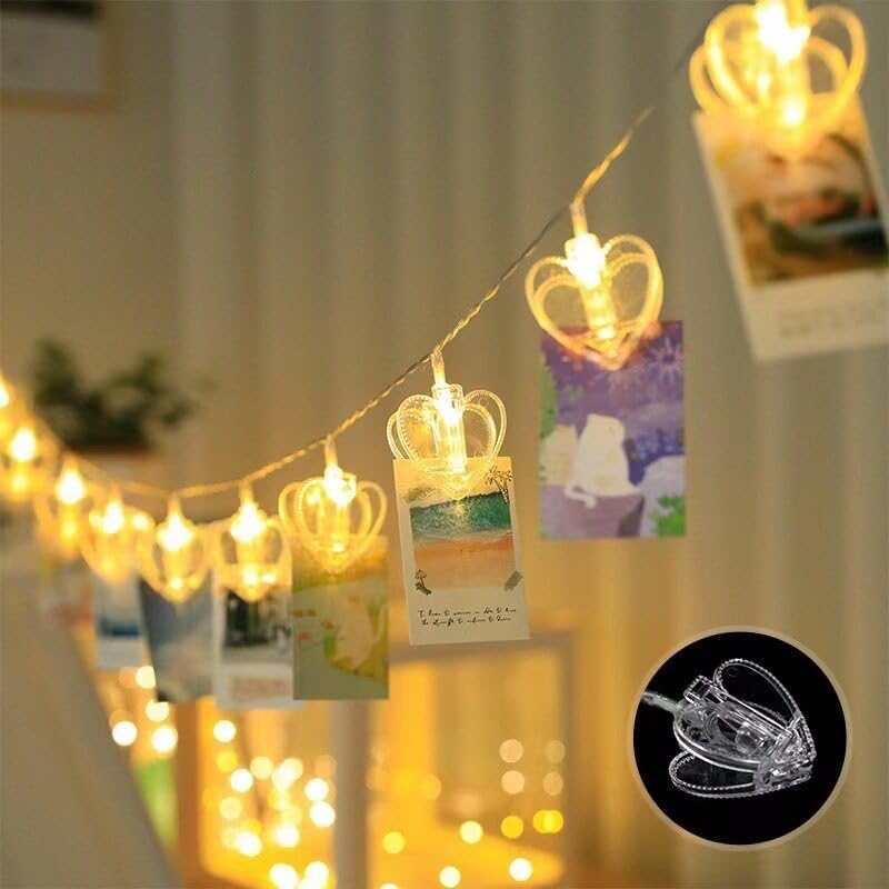 Durdiiy Photo Clip String Lights, 3M 20LED Peg Fairy Lights Indoor with 20 Clips Battery Powered Cooper Wire Hanging Display for Bedroom Birthday Wedding Party Christmas Decorations (Heart)