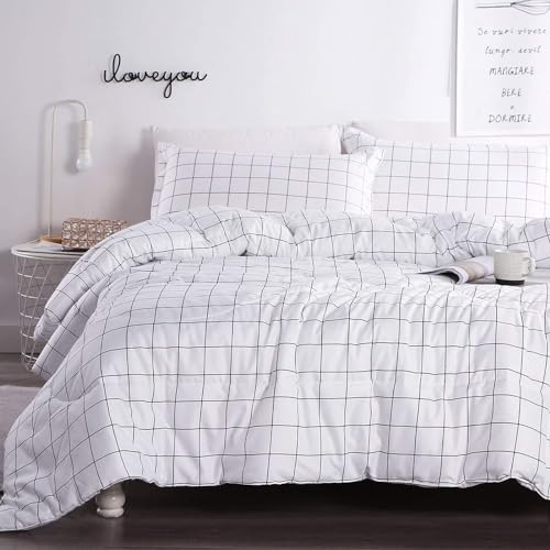 Andency White Grid Comforter Set Twin Size (66x90 Inch), 2 Pieces(1 Grid Comforter and 1 Pillowcase), Summer Lightweight Microfiber Down Alternative White Comforter with Black Lines for Kids Girls