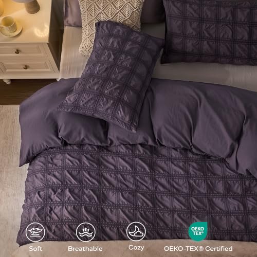Image of JELLYMONI Seersucker Duvet Cover Set Queen, 3pcs Purple-Grid Polyester | In Master Bedroom, Couples Pick, Crinkled Texture, Oeko-Tex Certified, 8 Corner Ties & Hidden Zipper