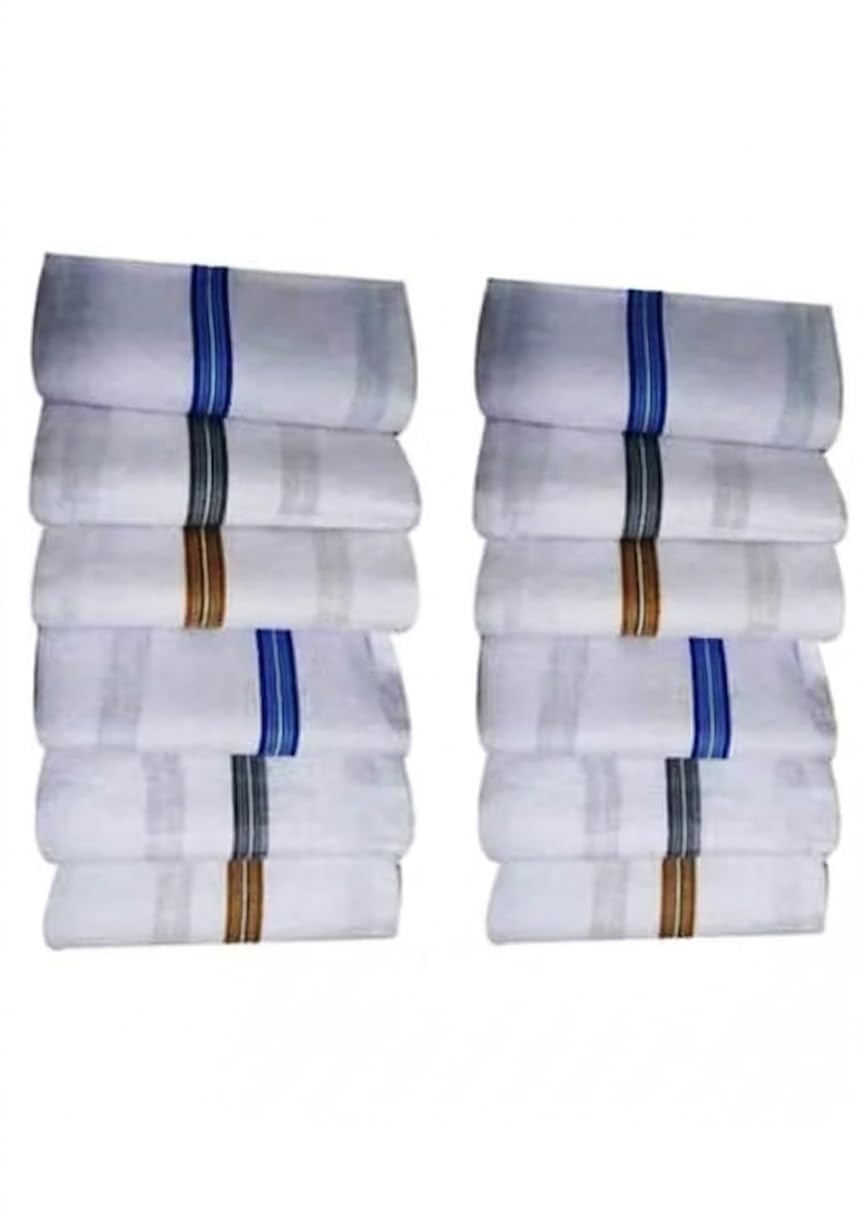 Men's Cotton Handkerchiefs, White with Striped Border, Pack of 12-picture-43