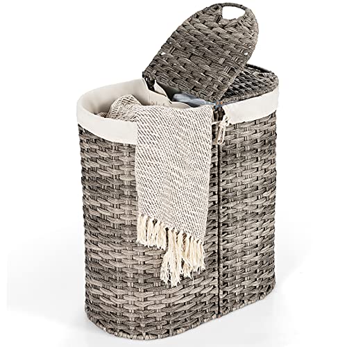 COSTWAY Panier à Linge 110L en Rotin PE,2 Compartiments-Séparation Sèche et Humide Corbeille à Vêtements avec Couvercle Sac intérieur Amovible et Lavable 60,5 x 34 x 61,5 CM CM Gris