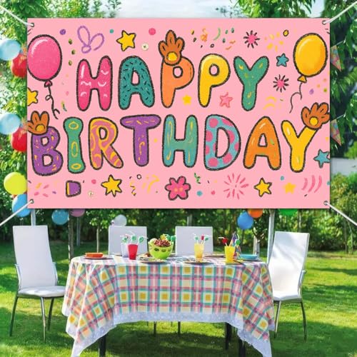 Image of HOMETITUTE Pink Cartoon Happy Birthday Banner Balloons Stars Flowers Streamers Confetti Party Decorations with Cute Cartoon Letters Birthday Banner Party Indoor and Outdoor Backdrop 71x43 Inch