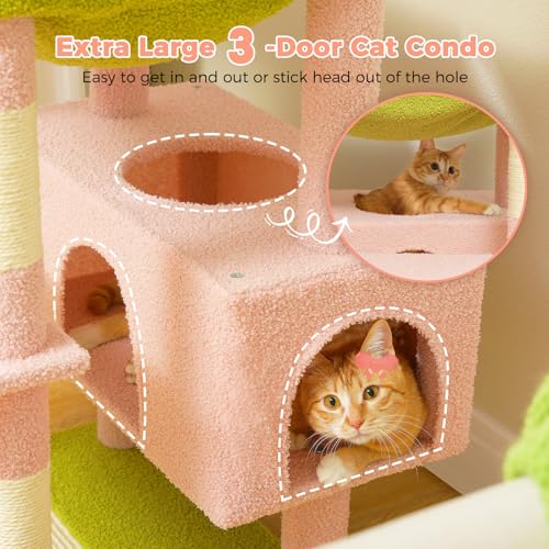 Image of PAWZ Road Flower Cat Tree, 72 Inches Large Cat Tower with Steel Frame Hammock and 7 Scratching Posts, Tall Cat Tree with 2 Condos and Perches for Large Indoor Cats - Pink