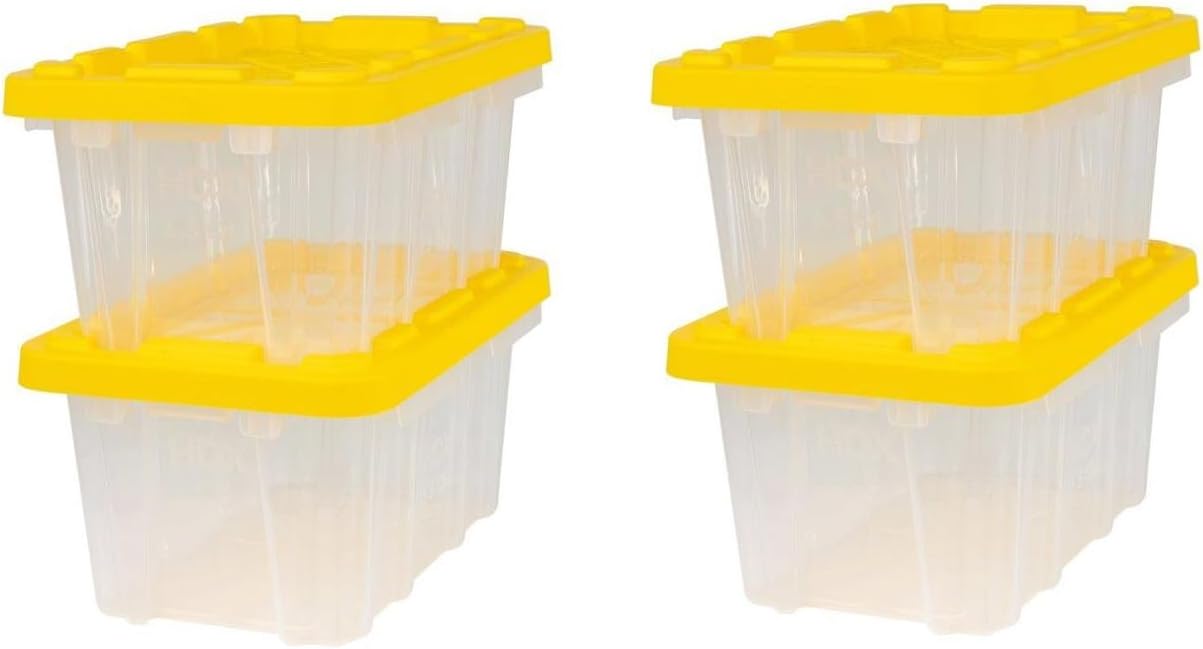 1.6 Gallon (6.5 Quart) Small Tough Storage Tote with Yellow Snap Lid, Clear, Stackable & Nestable, Heavy-Duty Plastic Organizing Bins, 4-Pack