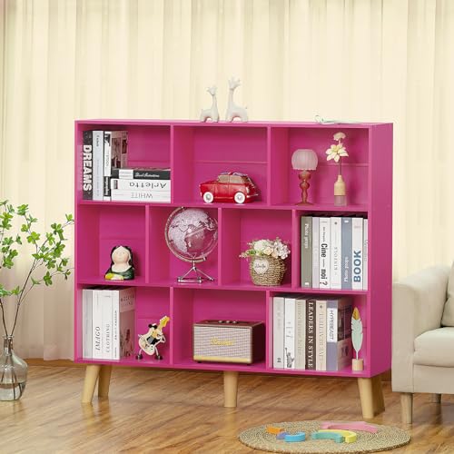 LEYAOYAO 10 Cube Bookshelf,3 Tier Modern Wide Bookcase with Legs,Mid-Century Wood Bookshelves Storage,Pink Large Book Case,Freestanding Organizer Display Shelf for Bedroom,Living Room,Office
