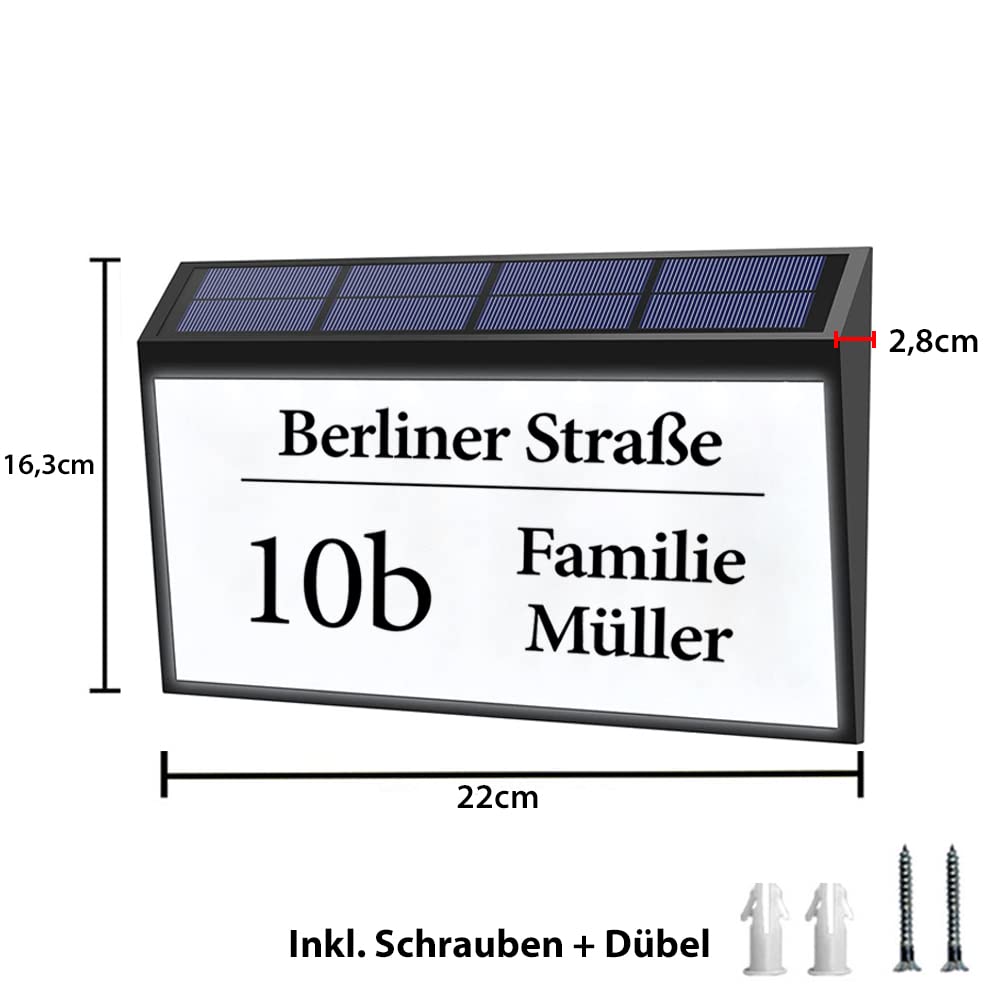 Bl4ckPrint Podświetlana solarna tabliczka z numerem domu z 10 diodami LED, możliwość personalizacji z numerem domu i nazwiskiem rodziny