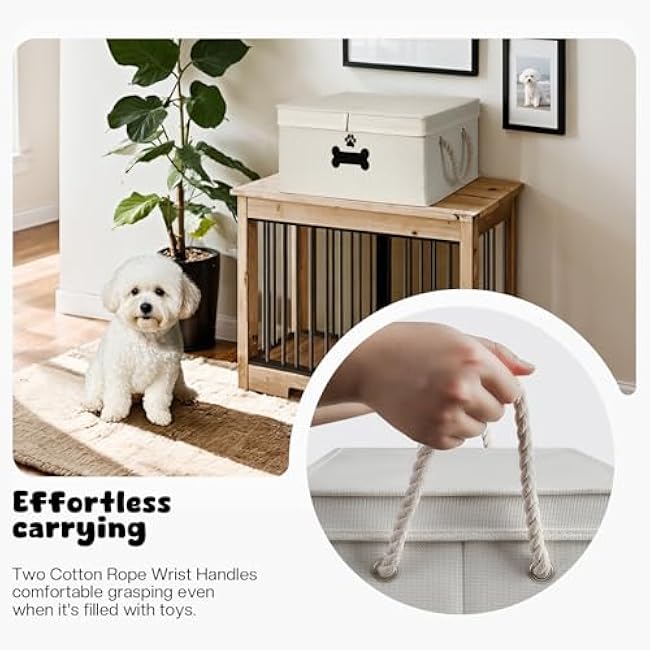 Dog Toy Basket with Double-Open Lid, Divided Dog Basket for Toys, Collapsible Pet Toy Box, Dog Storage Organizer with 2 Divided Area, Puppy Toy Baskets with Rope Handles, Beige