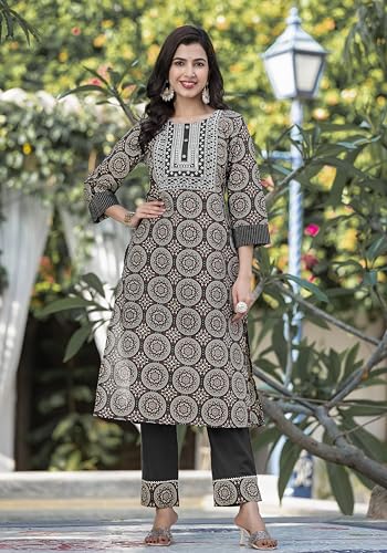 Image of MIRCHI FASHION Women's Straight Fit Pure Cotton Embellished Floral Printed Kurta Set with Dupatta and Trouser